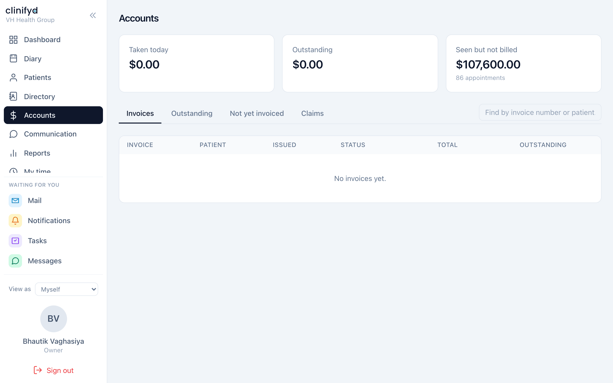 Accounts — the money side: invoices, payments and what is owed.