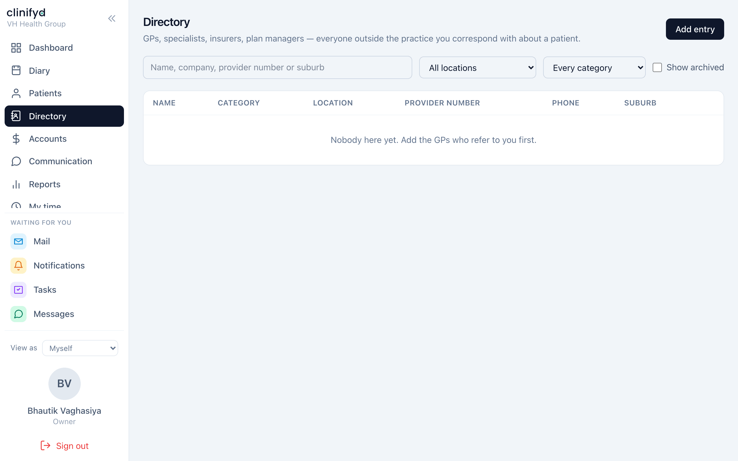 The Directory — every GP, specialist and insurer you correspond with.