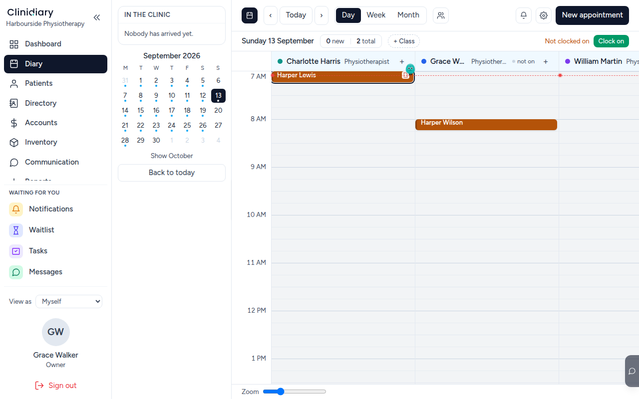 The booking on the diary
