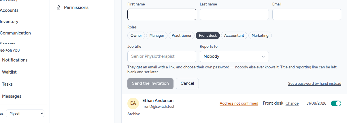 The new user form