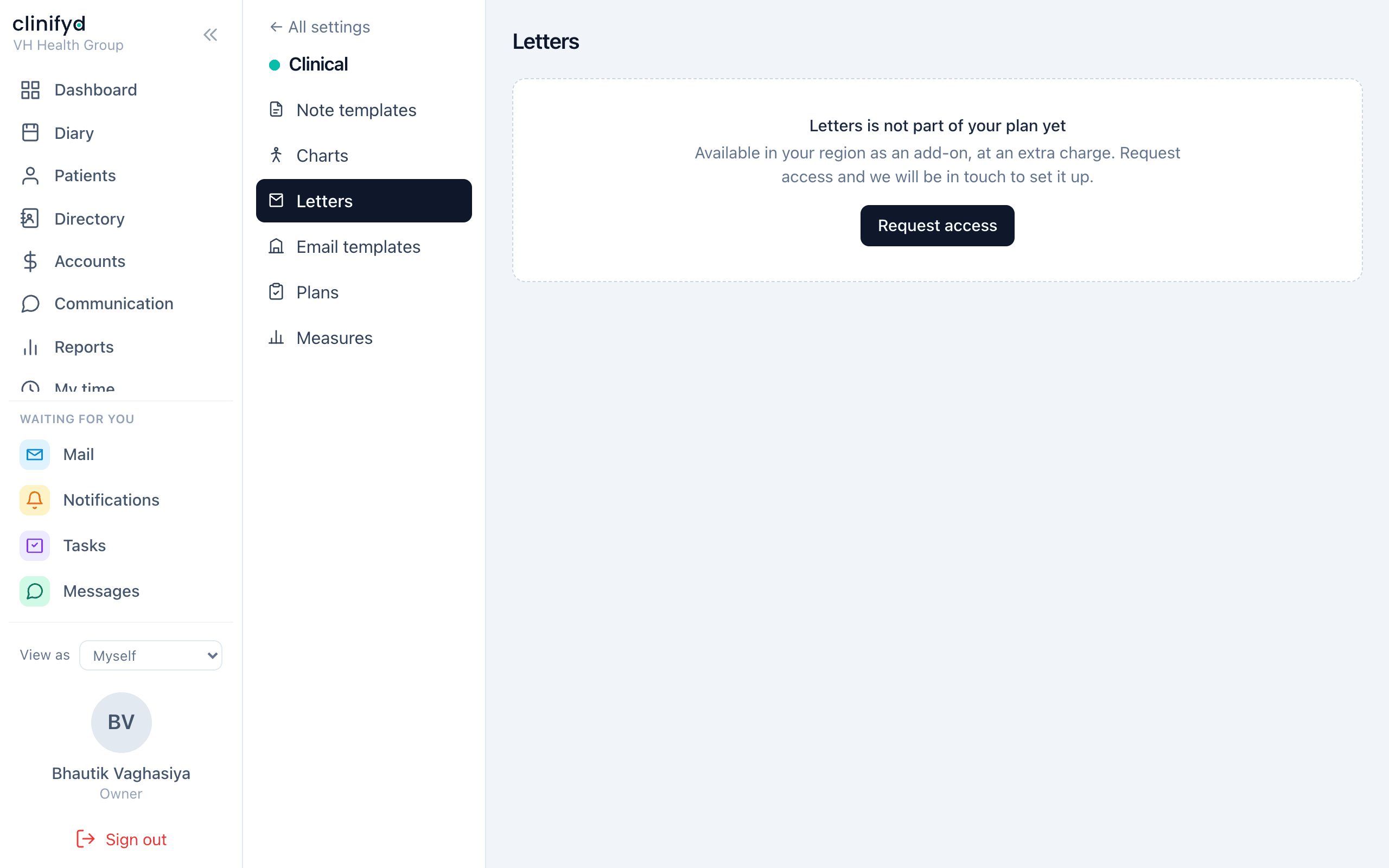 Settings → Letters — the letterhead and every template on it.